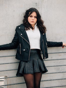 A woman in a leather skirt leaning against a wall