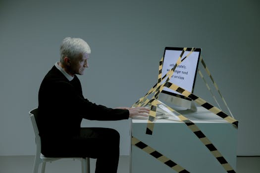 An elderly man sitting and typing on computer with information that he is dismissed