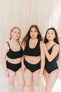 Three Women in Black Swimsuit Standing